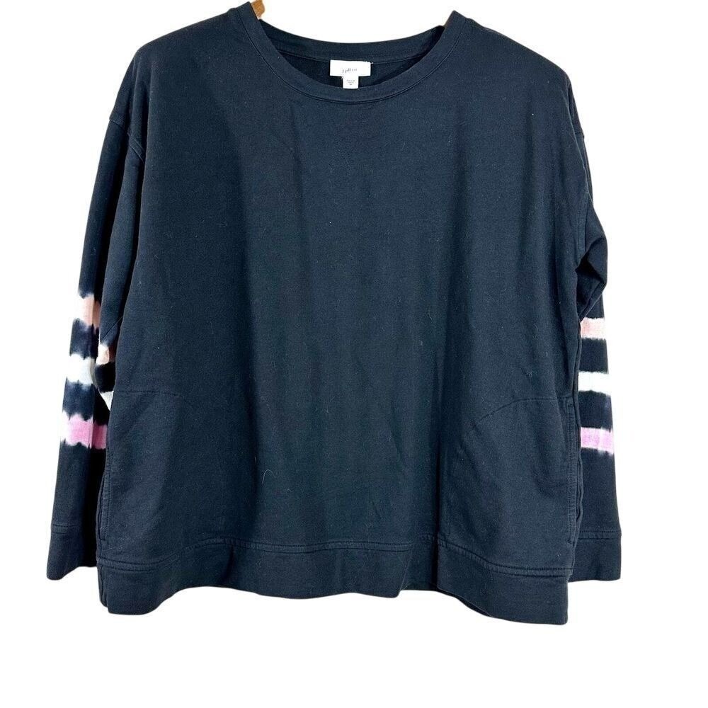 J. Jill Fit Womens M Black Tie Dye Stripe Sleeve Sweatshirt Cotton Modal Pockets